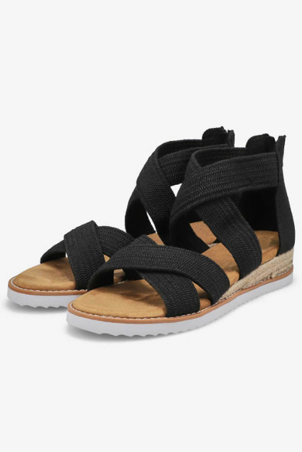 Sandalias de cuña baja con cremallera y tiras cruzadas en beige