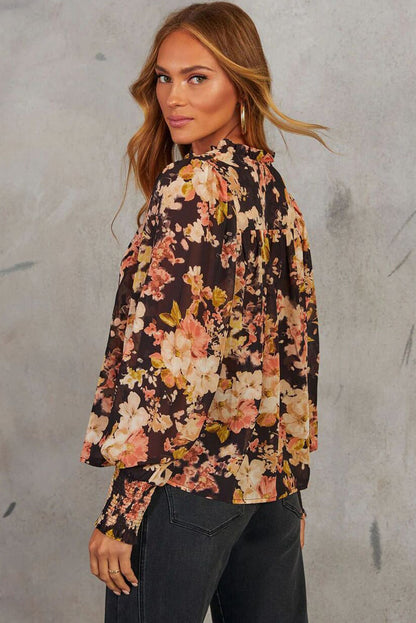 Black Floral V Neck Long Puff Sleeve Breezy Blouse