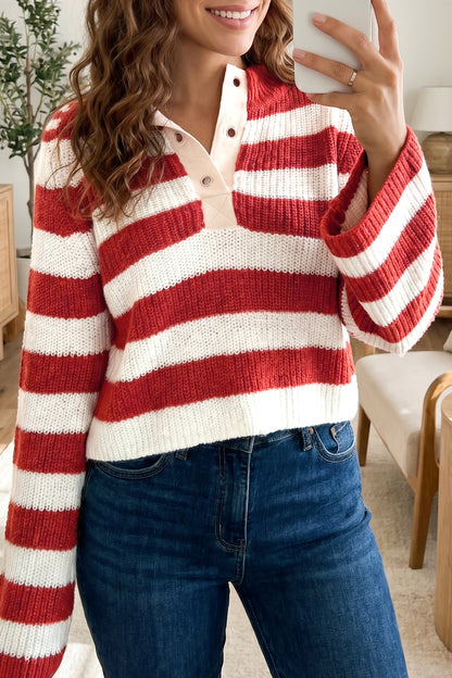 Red Stripe Striped Colorblock V Neck Long Sleeve Shift Sweater