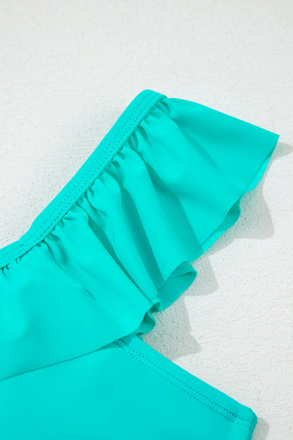 Sea Green Solid Ruffled Square Neck Swim Top and Floral Shorts Bikini Set