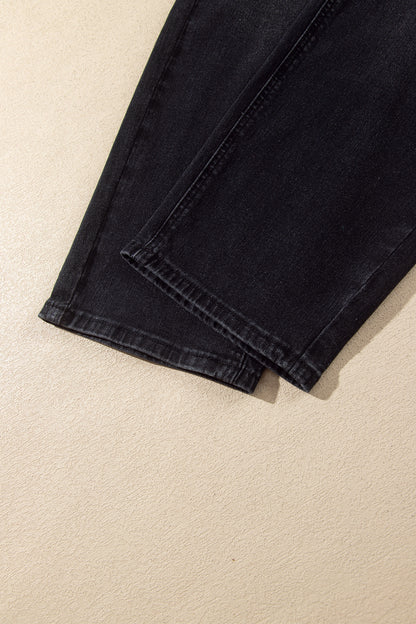 Black Drawstring Waist Ankle Length Casual Jeans Regular Fit Pocket Detail Denim Pants