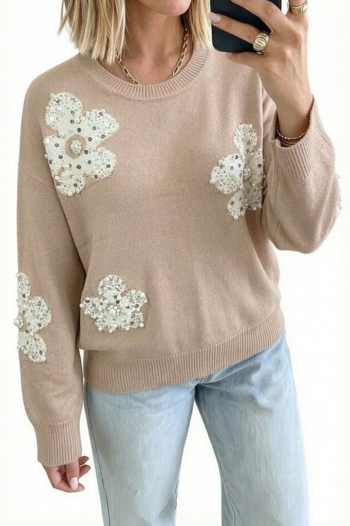 Smoke Gray Beaded Floral Patchwork Ribbed Trim Round Neck Sweater