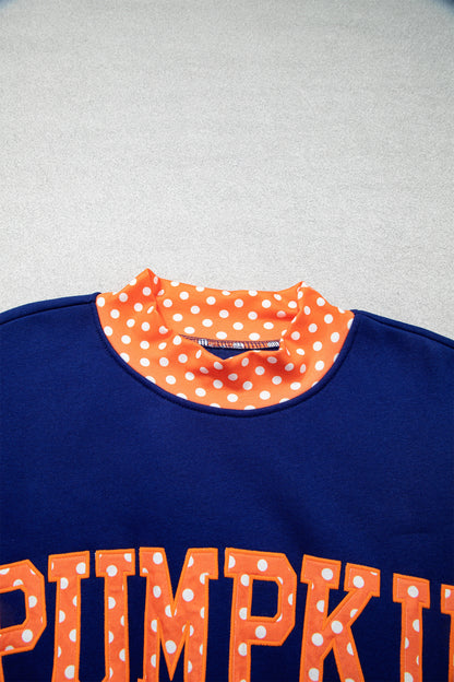 Sail Blue Polka Dot Letter Print Contrast Trim Mock Neck Sweatshirt