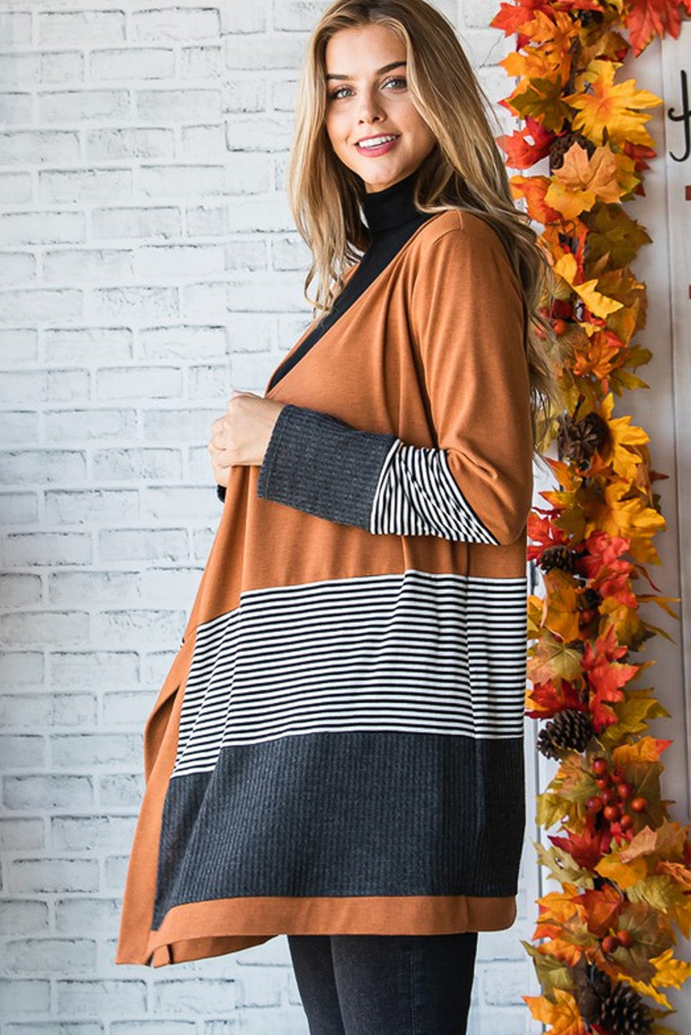 Cardigan ouvert patchwork rayé colorblock orange
