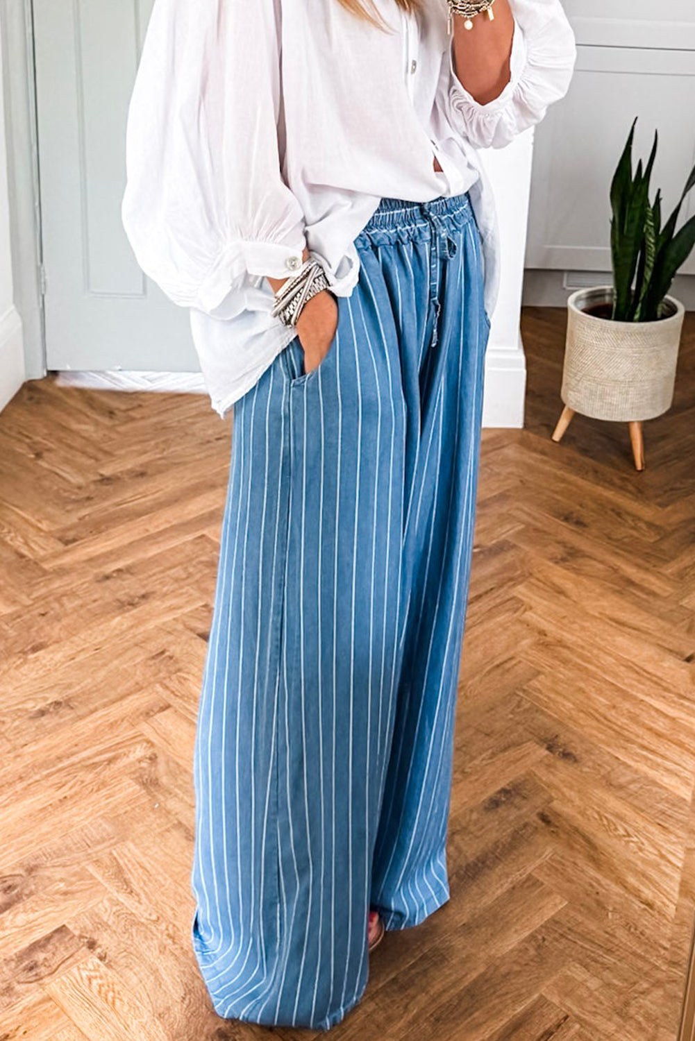 Blue Stripe Chambray Wide Leg Tied Elastic Waist Trousers