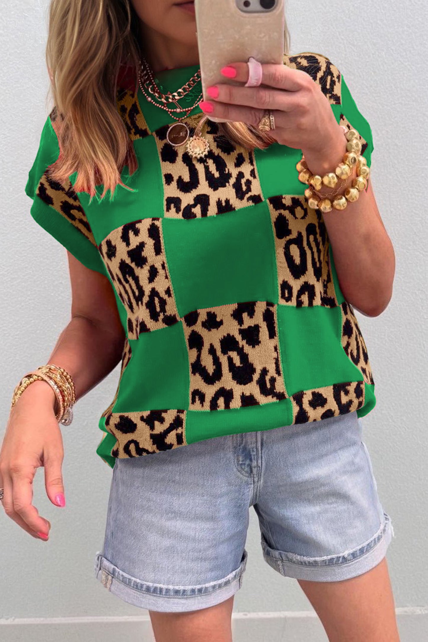 Black Leopard Checkerboard Short Sleeve Knit Sweater