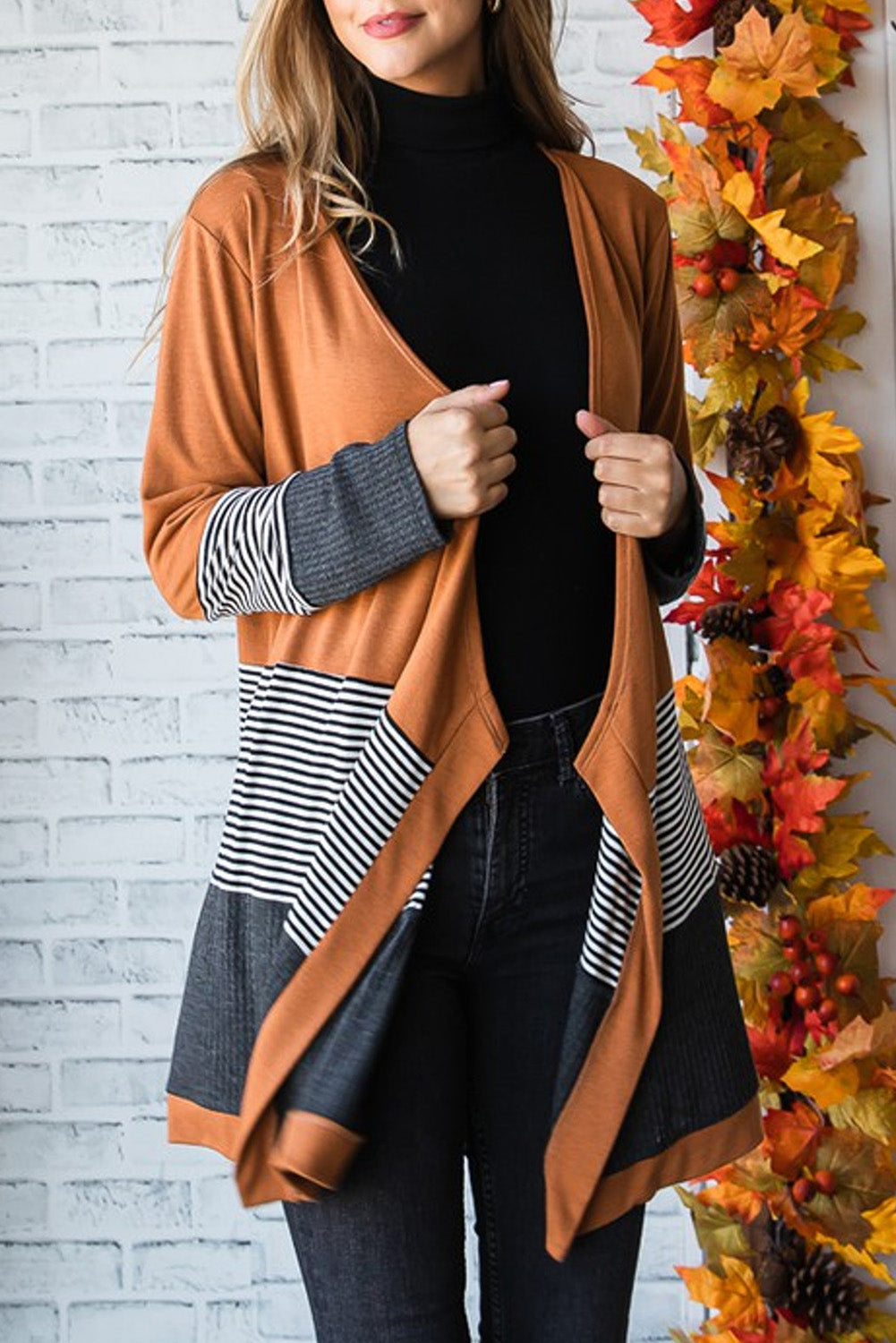 Cardigan ouvert patchwork rayé colorblock orange