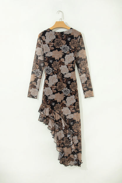 Black Floral Long Sleeve Asymmetric Ruffle Split Hem Mesh Dress