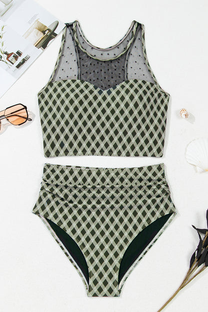 Bikini taille haute à carreaux et pois verts