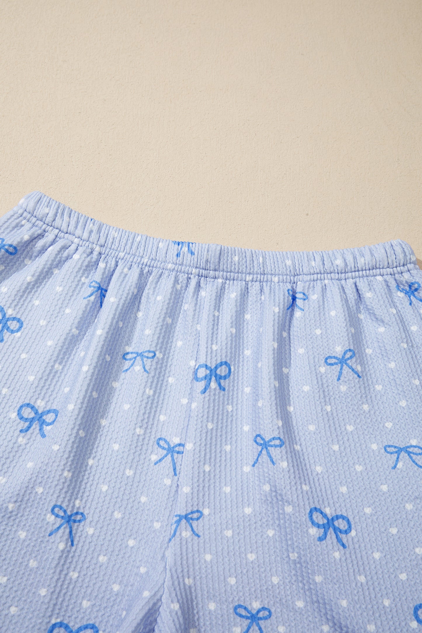 Sky Blue Tiny Heart Bow Print Twisted Rib Loose 2pcs Short Set