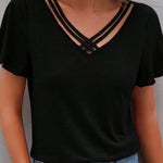 Black Crisscross V Neck Butterfly Sleeve T Shirt