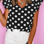 Black Polka Dot Print Ruffled Sleeve V Neck Blouse