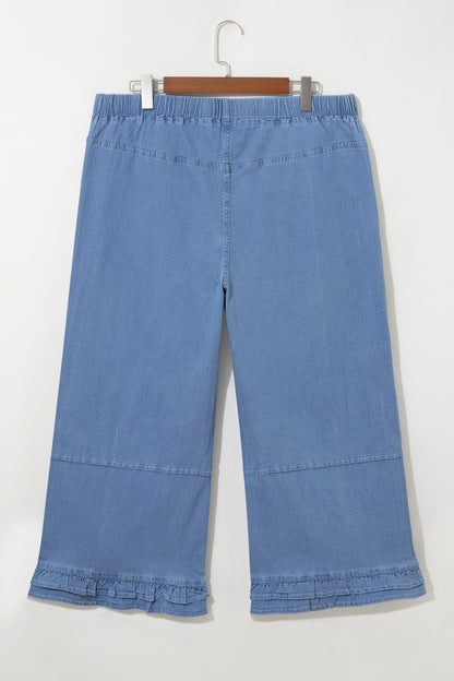 Light Blue Ruffle Hem Wide Leg Full Length Plus Size Jeans