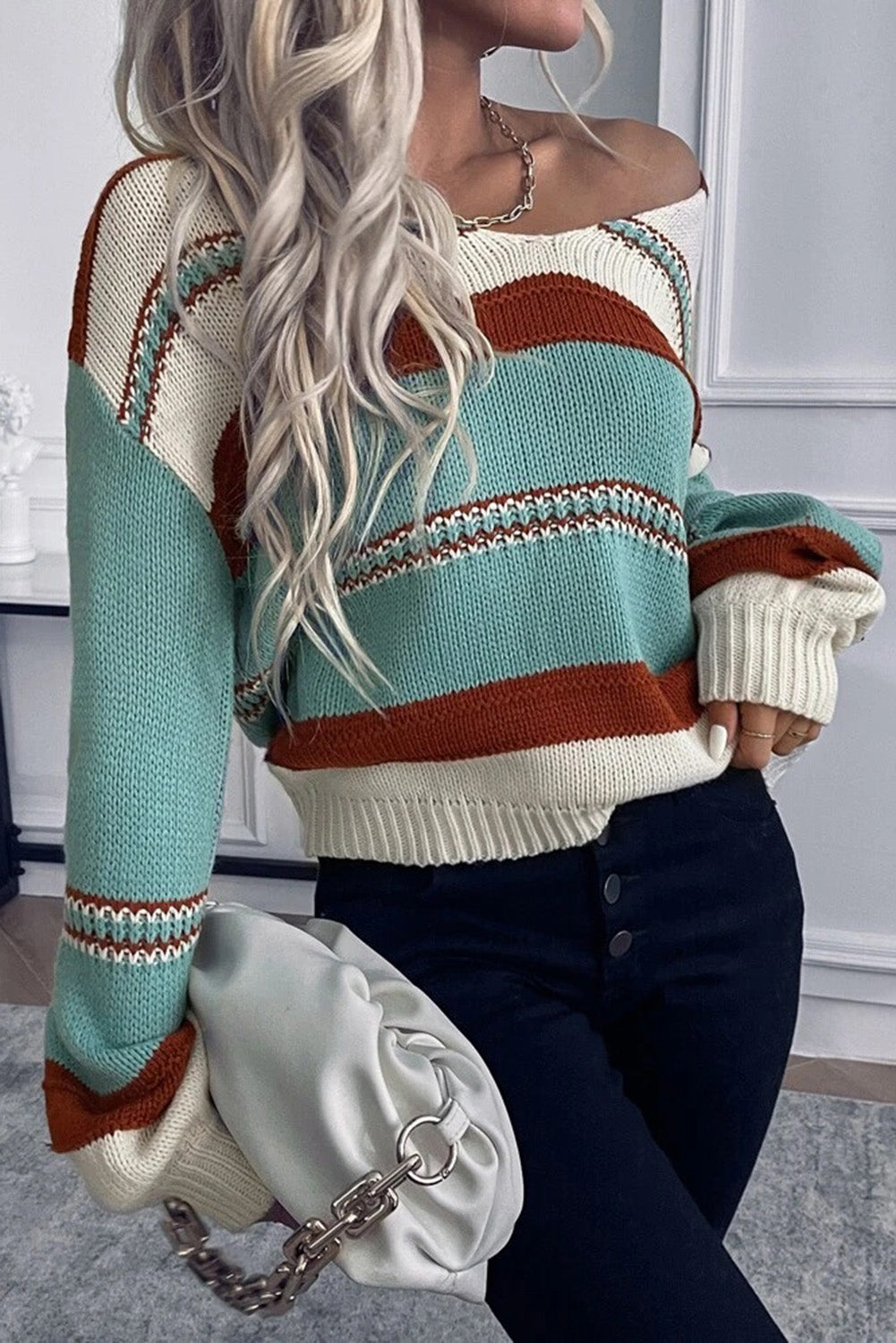 Peach Blossom Striped Pattern Knit V Neck Sweater