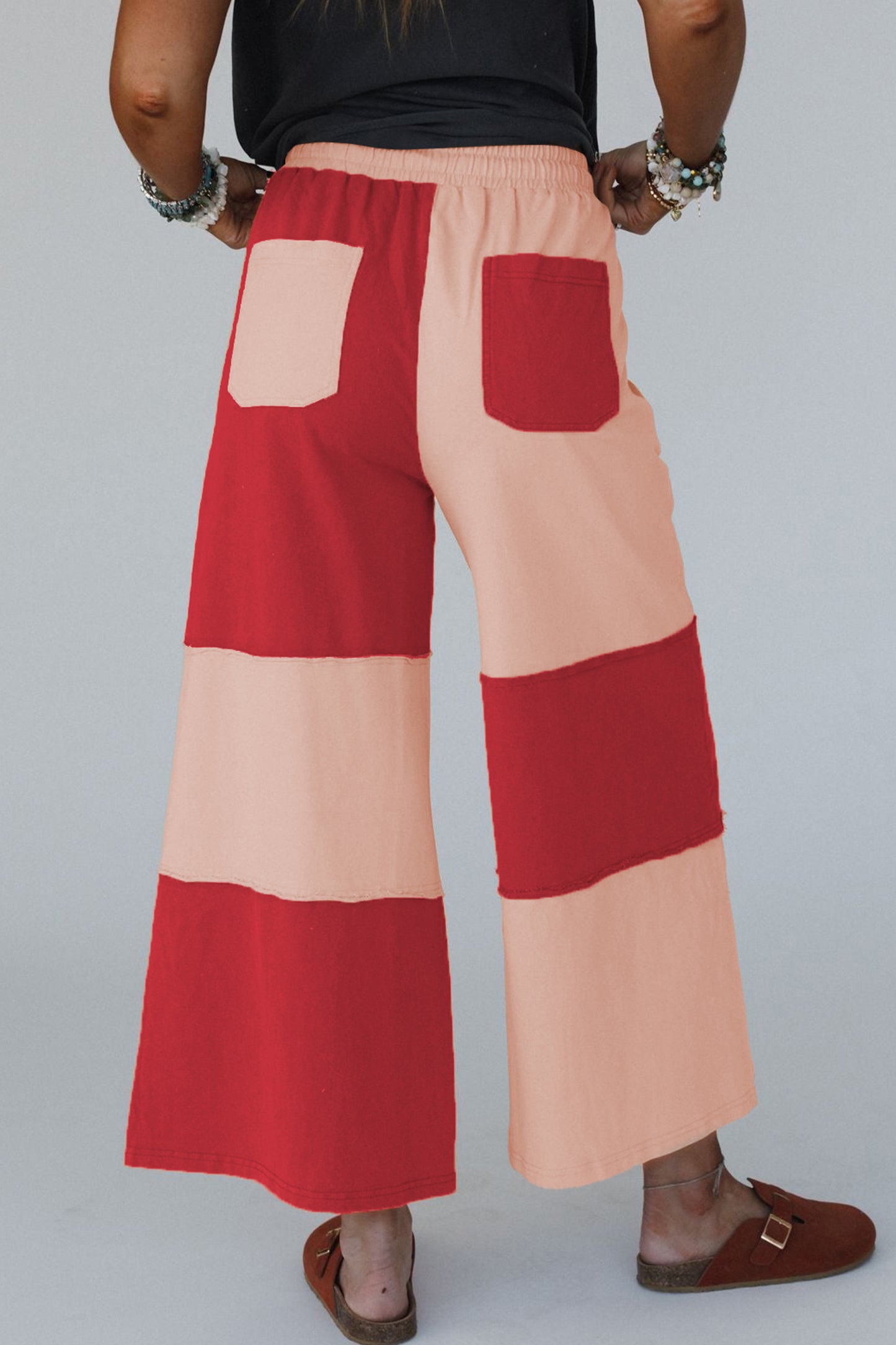 Fiery Red Raw Seam Colorblock Wide Leg Ankle Length Casual Pants