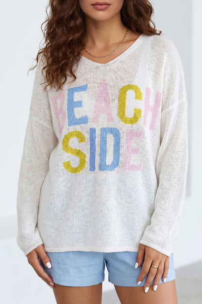 White V Neck Lightweight Knit BEACH SIDE Shift Tunic Sweater