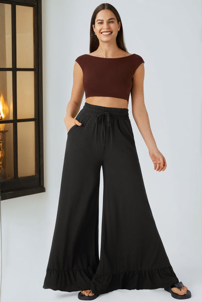 Medium Grey Ruffled Wide Leg Pull On High Waist Pants with Pockets