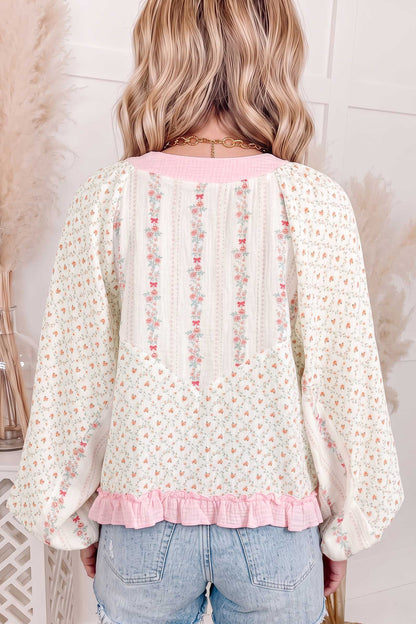 Beige Floral Print Color Block Trim Lace-up V Neck Long Sleeve Blouse