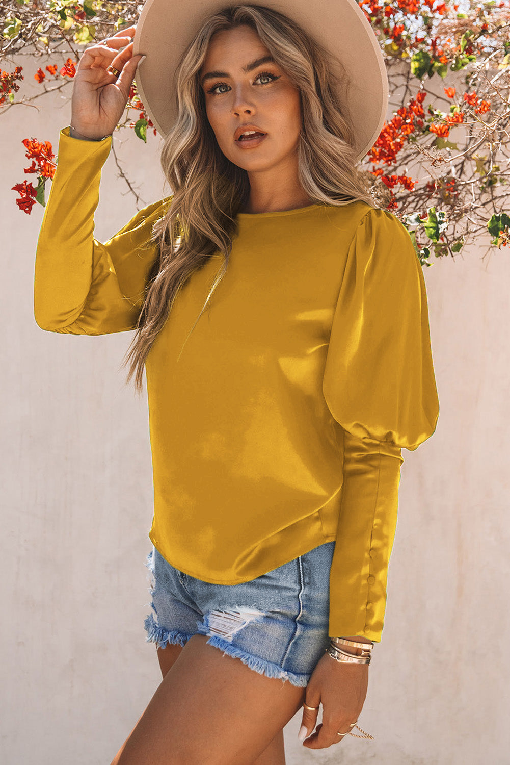 Satin Buttoned Cuffs Puff Sleeve Top