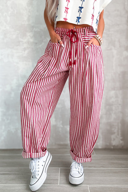 Red Stripe Drawstring Casual Loose Pants
