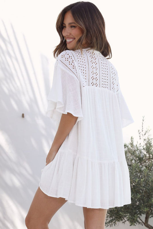 Hollow Out Ruffled Buttoned Shirt Mini Dress