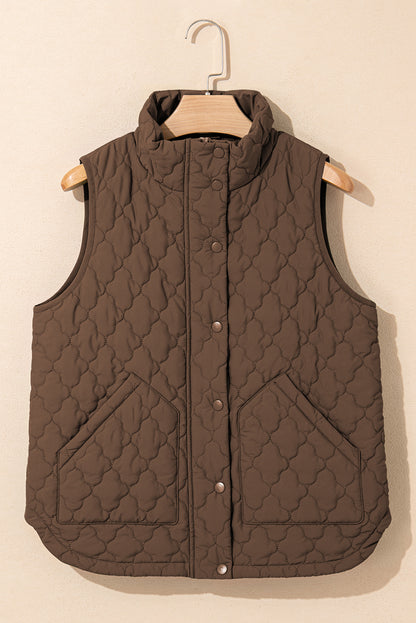 Dark Brown Flower Shape Quilted Snap Button Zip Up Winter Vest