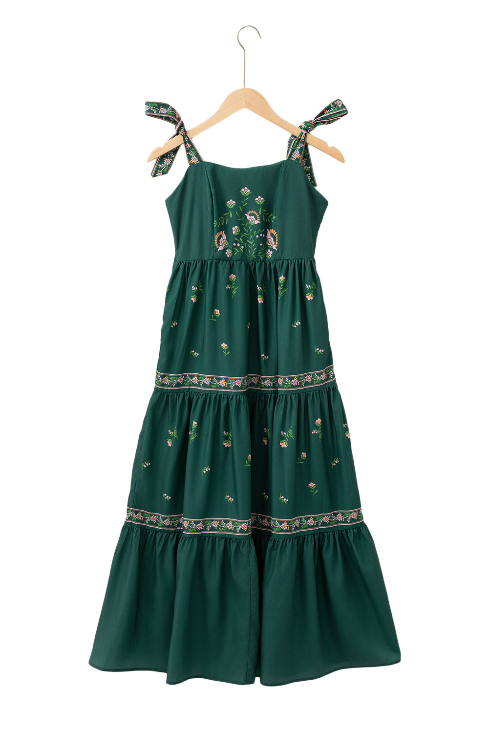 Robe longue à volants et bretelles nouées à fleurs vert noirâtre