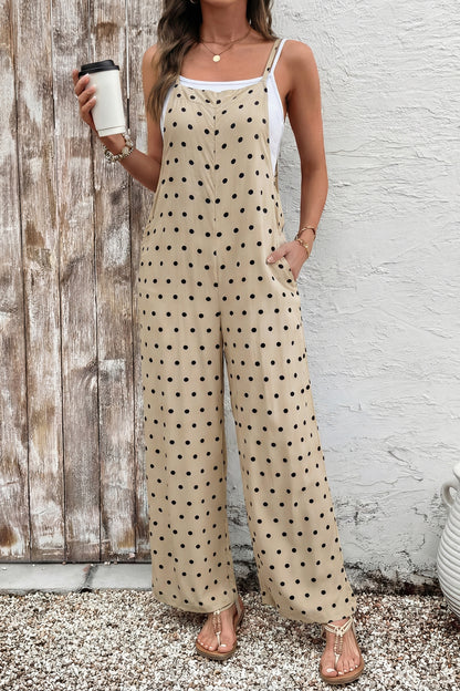 Khaki Floral Print Spaghetti Straps Loose Pocketed Jumpsuit
