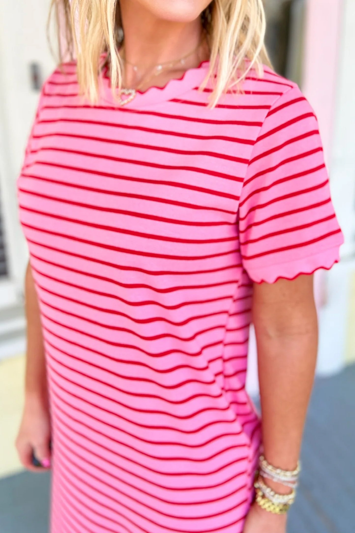 Rose Stripe Striped Short Sleeve Scalloped Trim Side Slit T-Shirt Dress