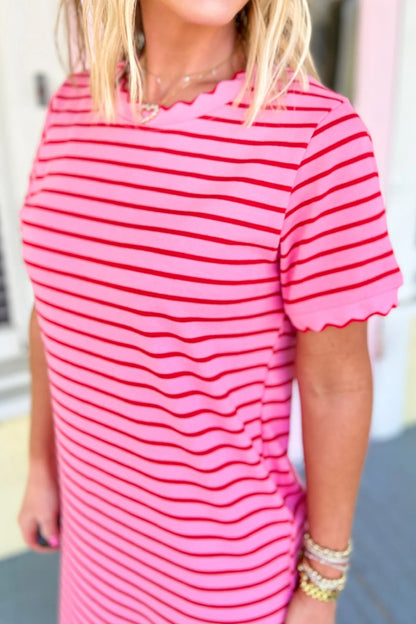 Rose Stripe Striped Short Sleeve Scalloped Trim Side Slit T-Shirt Dress