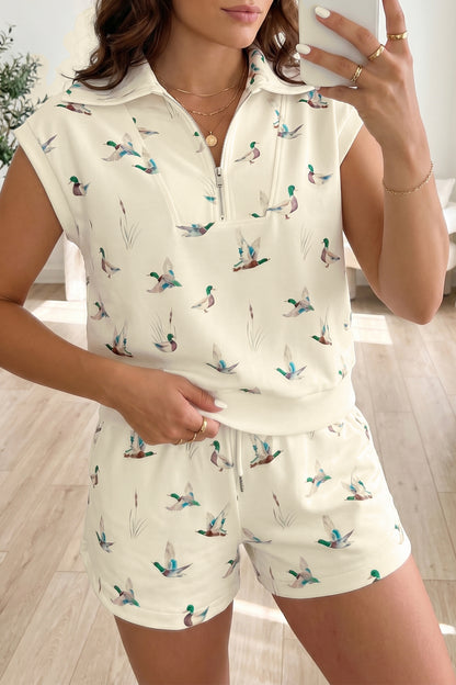 Beige Mallard Printed Zip Polo Tee Drawstring Short Set