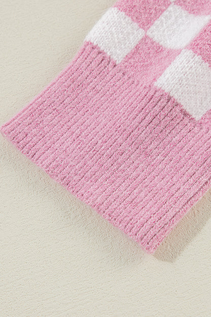 Pull rose à carreaux et boutons, col en V, épaules tombantes