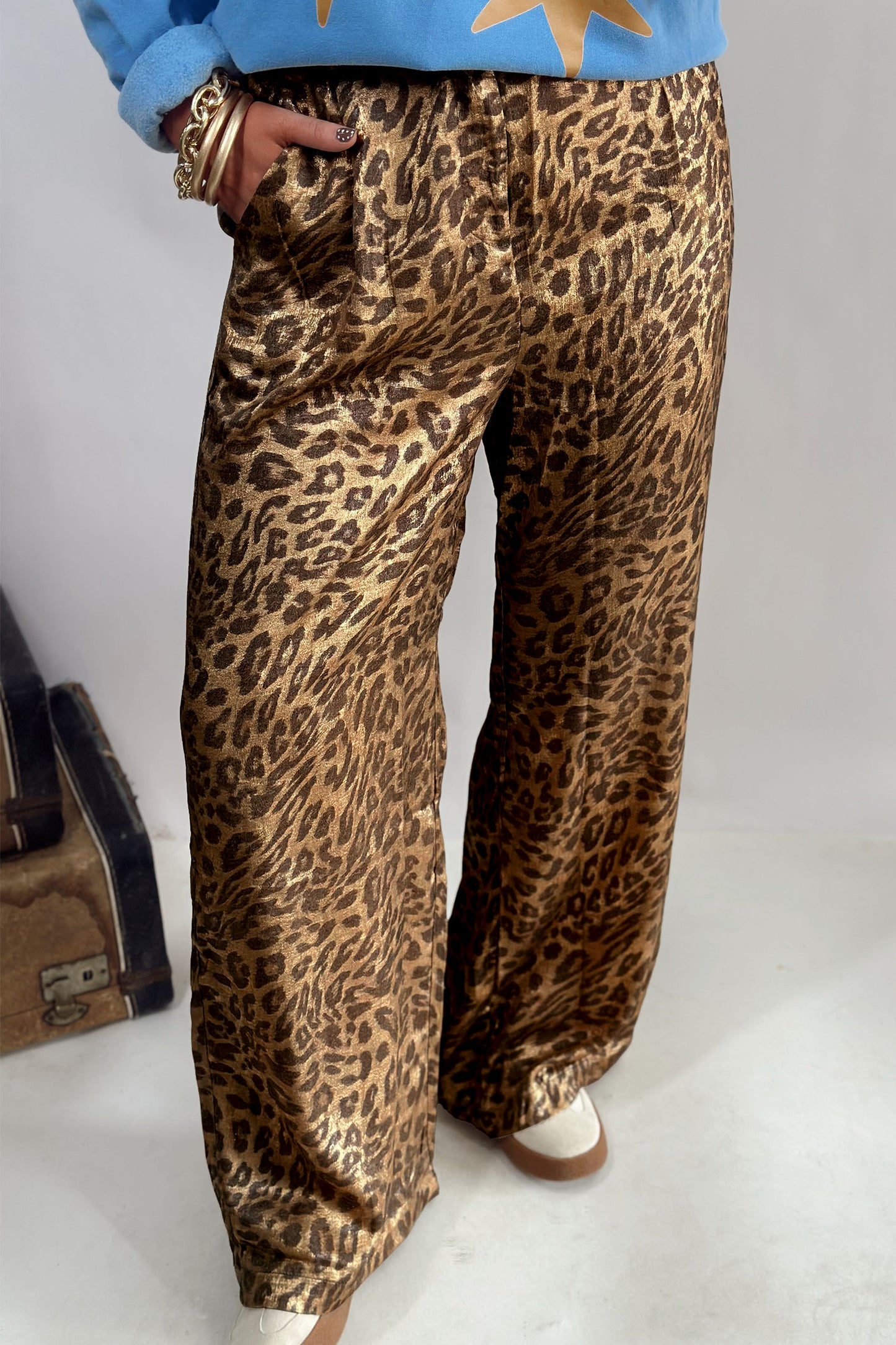 Multicolour Leopard Print Western Style Wide Leg Full Length Pants