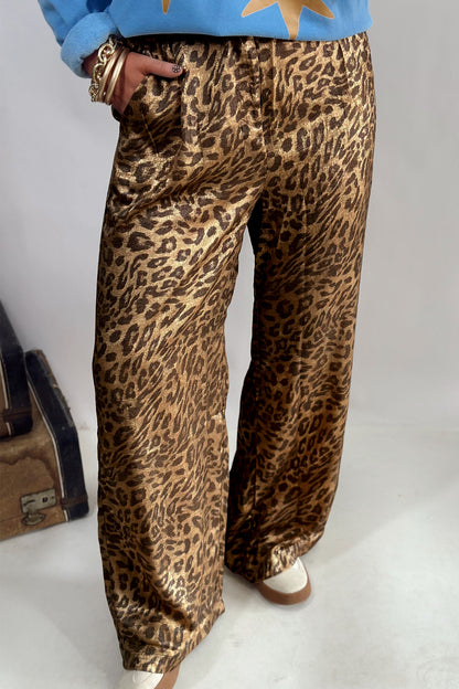 Multicolour Leopard Print Western Style Wide Leg Full Length Pants