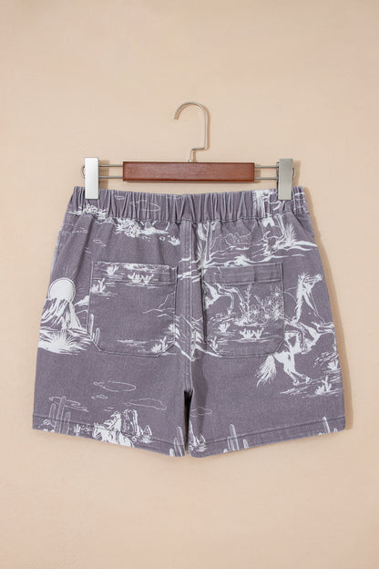Gray Western Print Elastic Waist Cotton Denim Shorts