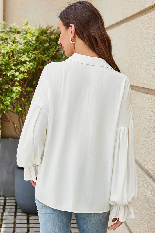 White Ruffle Elastic Cuffs Puffy Long Sleeve Button Down Shirt