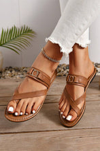 Chestnut Cross Toe Metal Buckle Leathered Flat Slippers