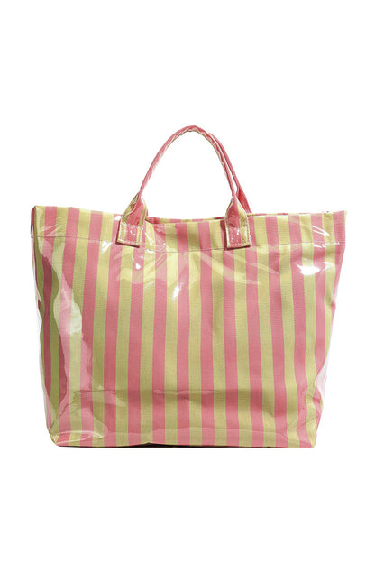 Pink Glossy Striped Vinyl Large Tote Bag