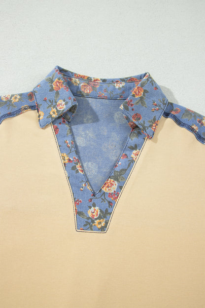 Apricot Floral Denim Patchwork Collar V Neck Long Sleeve Pullover Top