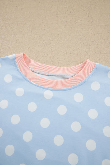 Sky Blue Polka Dot Contrast Trim Long Sleeve Top Drawstring Shift Pants Set