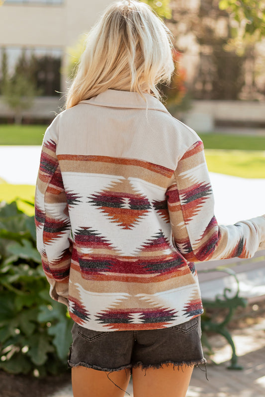 Multicolour Western Aztec Ribbed Patchwork Double Flap Pocket Raw Hem Shacket