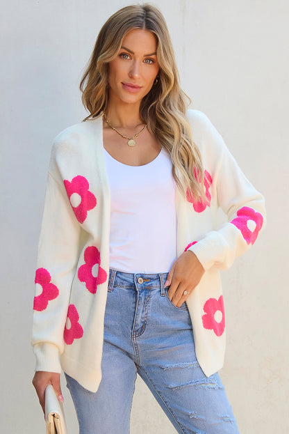 Cardigan ouvert à motif de fleurs roses rouges