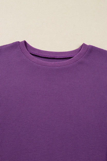 Orchid Mist Solid Color Raw Seam Patchwork Ribbed Drop Shoulder Sweatshirt