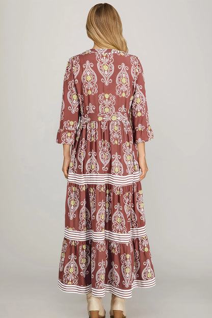 Brown Floral Print Belted Striped Trim Tiered Maxi Dress