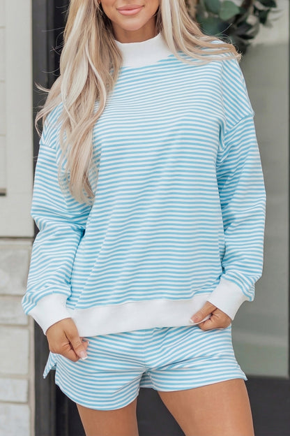 Sky Blue Stripe Oversize Mock Neck Sweatshirt and Shorts Set