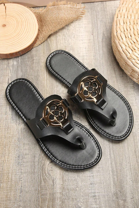 Black Metal Décor Leather Thong Slippers