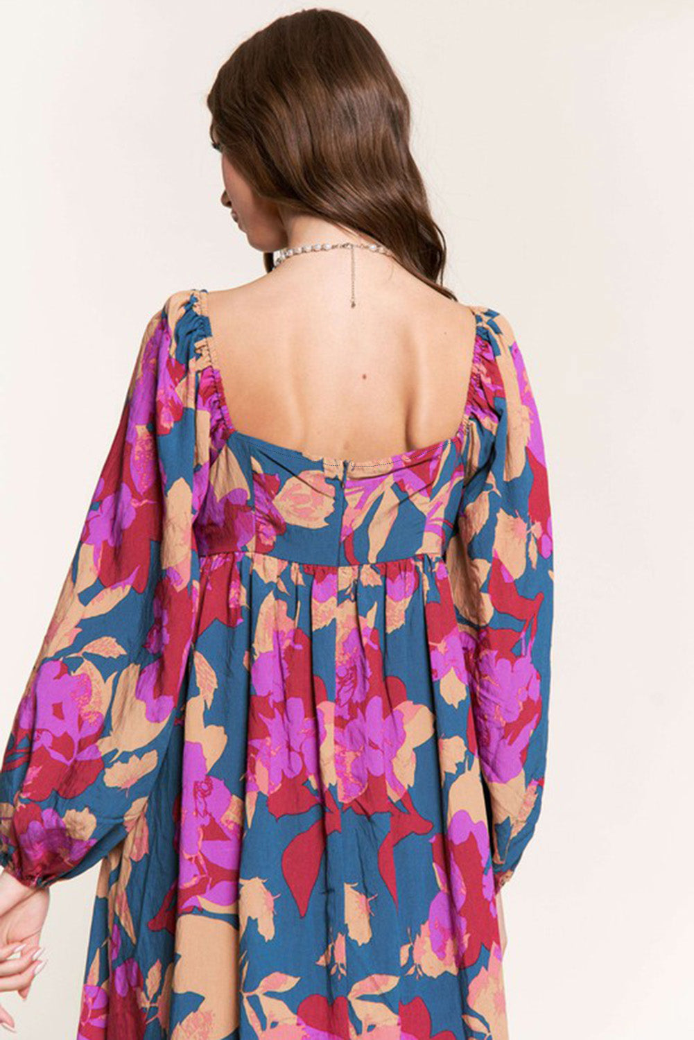 Robe taille haute à volants et col carré à imprimé floral multicolore 