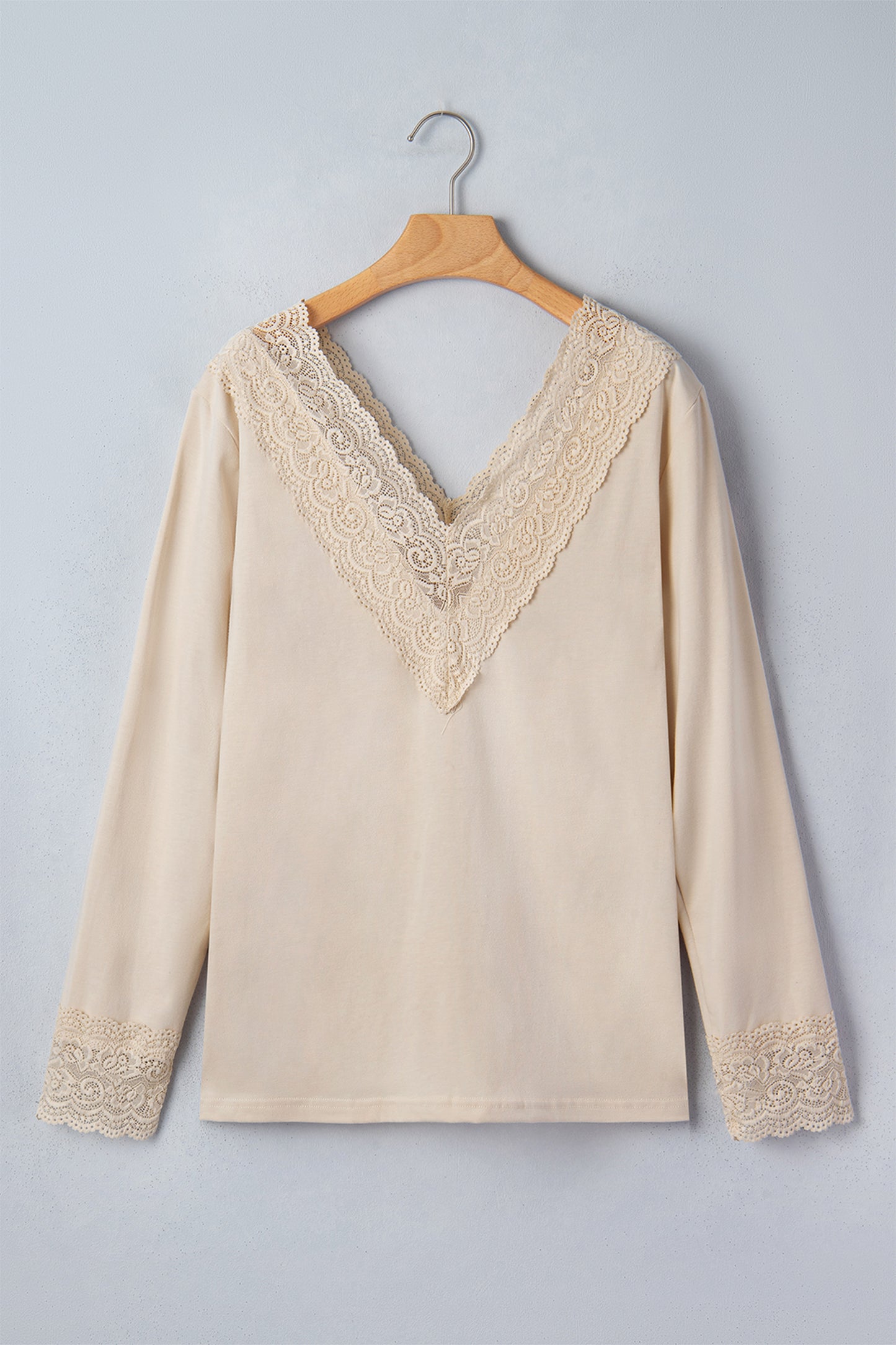 Apricot Lace Splicing V Neck Long Sleeve Top