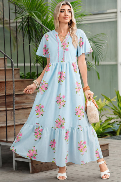 Sky Blue Notched Neck Flutter Short Sleeve Floral Print Maxi Dress