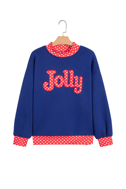 Dirty blue Polka Dot Letter Print Contrast Trim Mock Neck Sweatshirt